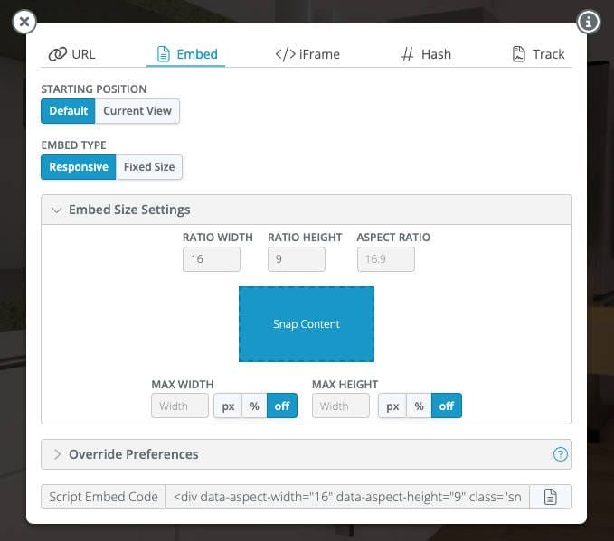 pen the Share Panel to Embed the 360 Image in a Website.