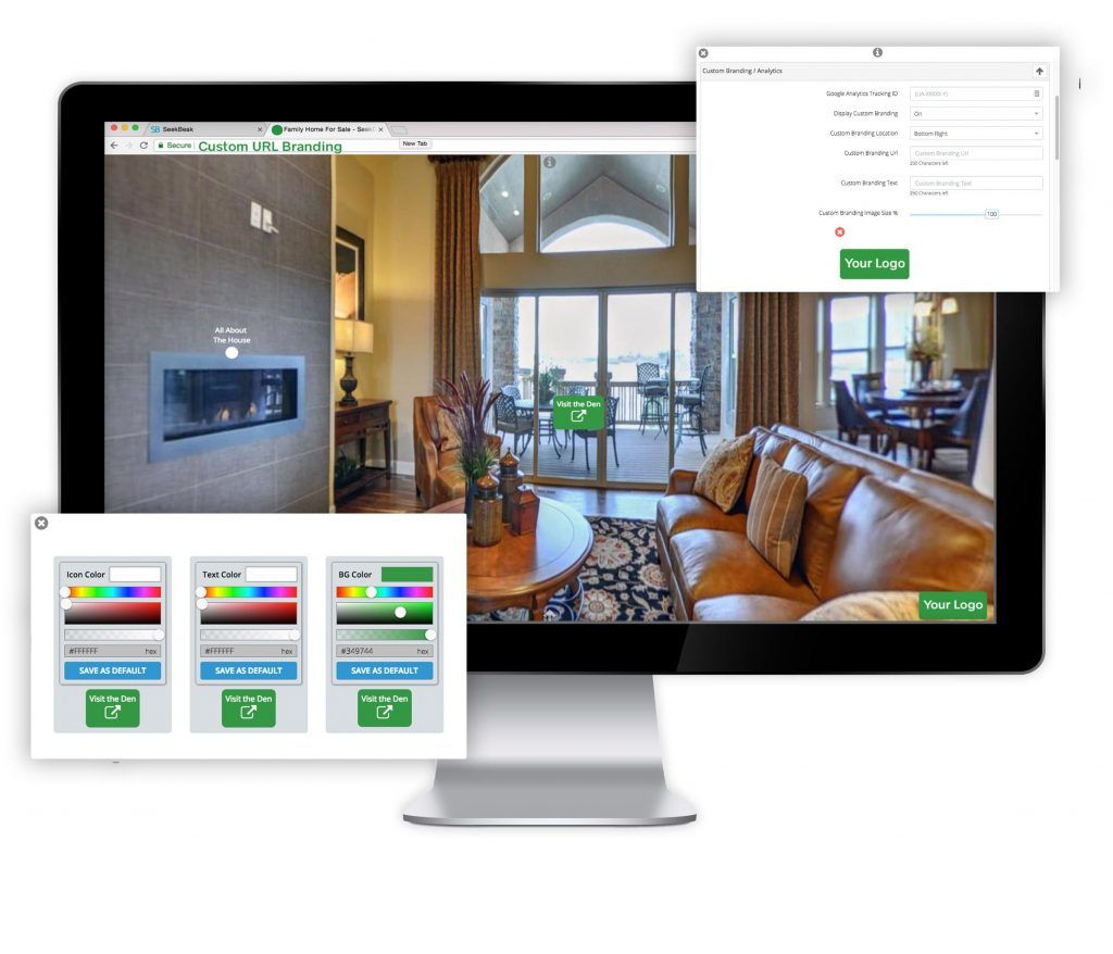 SeekBeak custom branding mockup showing logos and colors on a virtual tour