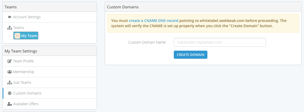 SeekBeaks Custom Domain UI