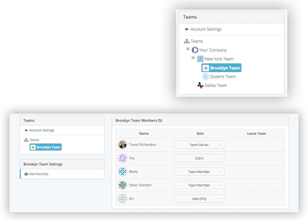 SeekBeak team management hierarchy showing Sub-Teams and role-based access